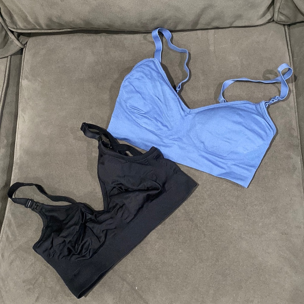 2 nursing bras, size small. Blue one has built in padding. Black one does not.